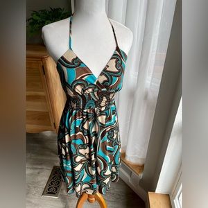 Speechless Halter Dress with Brown and Turquoise Floral Print- Size Medium